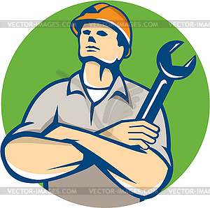 Builder Arms Crossed Wrench Circle Retro - vector clip art