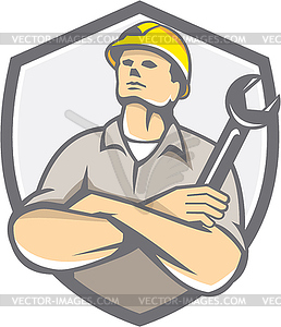 Builder Arms Crossed Wrench Shield Retro - vector clipart / vector image