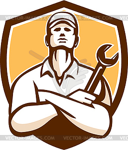 Mechanic Arms Crossed Wrench Shield Retro - vector image