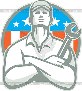 Mechanic Arms Crossed Wrench USA Flag Retro - vector clip art