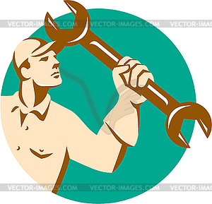 Mechanic Wielding Spanner Wrench Circle Retro - vector clip art