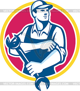 Mechanic Holding Spanner Rolling Sleeve Retro - vector clip art