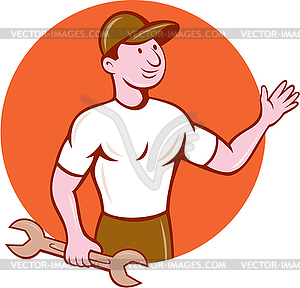 Mechanic Waving Circle Cartoon - vector image