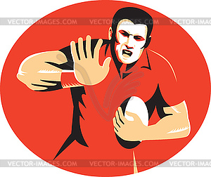 Rugby Player Fending Ball Retro - vector clipart