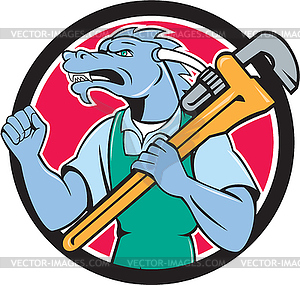 Dragon Plumber Monkey Wrench Fist Pump Cartoon - vector image