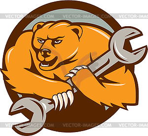 Grizzly Bear Mechanic Spanner Circle Cartoon - vector clipart