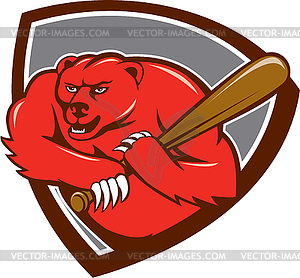 Grizzly Bear Baseball Player Batting Shield Cartoon - vector image