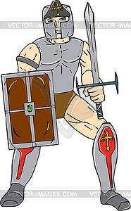 Knight Wielding Sword and Shield Cartoon - vector image