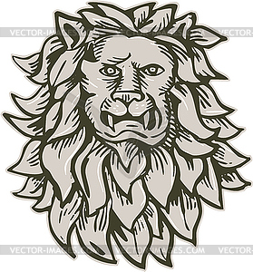 Angry Lion Big Cat Head Etching - color vector clipart