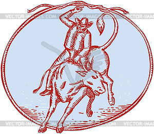 Rodeo Cowboy Bull Riding Circle Etching - vector clipart