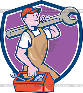 Mechanic Carrying Spanner Toolbox Crest Cartoon - vector clip art