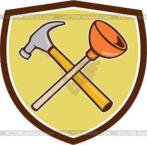 Crossed Hammer Plunger Crest Cartoon - vector clipart