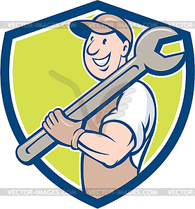 Mechanic Smiling Spanner Standing Crest Cartoon - vector image