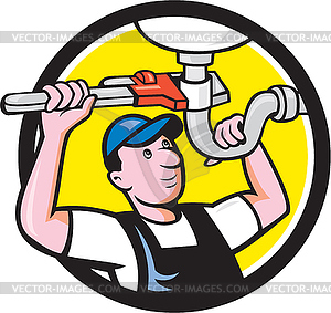 Plumber Repair Sink Pipe Wrench Circle Cartoon - vector clipart