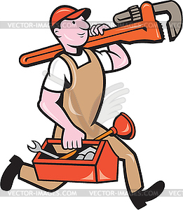 Plumber Carrying Monkey Wrench Toolbox Running - vector clip art