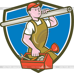 Plumber Carrying Pipe Toolbox Crest Cartoon - vector clipart