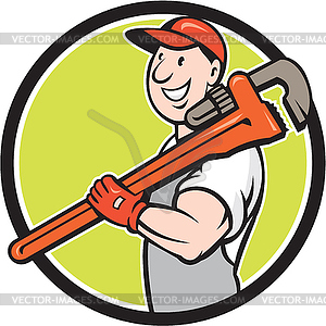 Plumber Smiling Holding Monkey Wrench Circle Cartoon - vector image