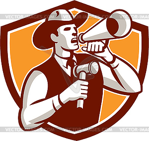 Cowboy Auctioneer Bullhorn Gavel Shield - vector clipart