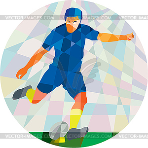 Rugby Player Kicking Ball Circle Low Polygon - vector image