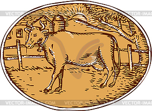 Cow Ranch Farm House Oval Woodcut - vector image