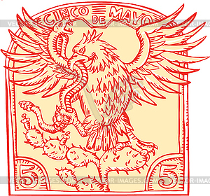 Mexican Eagle Devouring Snake Etching - vector clipart
