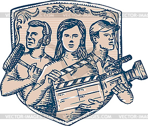 Film Crew Clapperboard Cameraman Soundman Etching - vector image