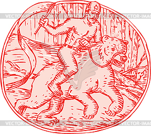 Russian Soldier Riding Bear Etching - stock vector clipart