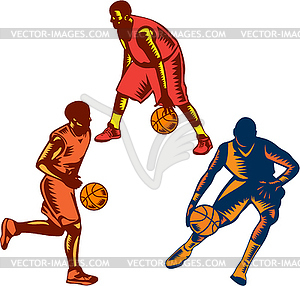 Basketball Player Dribble Woodcut Collection - vector image