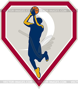 Basketball Player Jump Shot Ball Shield Retro - vector image