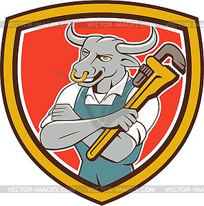 Bull Plumber Wrench Standing Shield Cartoon - vector image