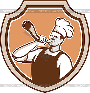 Chef Cook Blowing Bullhorn Shield Retro - vector clip art