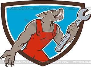 Wolf Mechanic Spanner Shield Cartoon - vector image