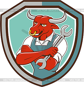 Bull Mechanic Spanner Standing Shield Cartoon - vector clipart