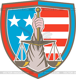 Hand Holding Scales of Justice Shield Retro - vector clip art