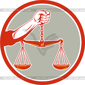 Hand Holding Weighing Scales Circle Retro - vector clip art