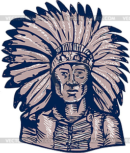 Native American Indian Chief Warrior Etching - vector image