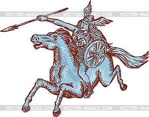 Valkyrie Warrior Riding Horse Spear Etching - vector clipart