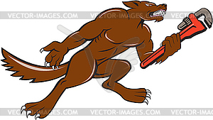 Wolf Plumber Monkey Wrench Cartoon - vector image