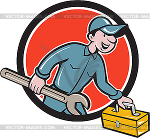 Mechanic Carrying Toolbox Spanner Circle Cartoon - vector image