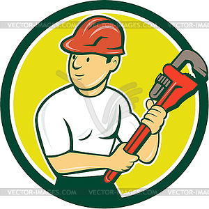Plumber Holding Monkey Wrench Circle Cartoon - vector image