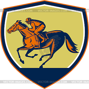 Jockey Horse Racing Shield Woodcut - vector clip art