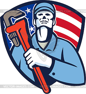 Plumber Holding Wrench USA Flag Shield Retro - vector image