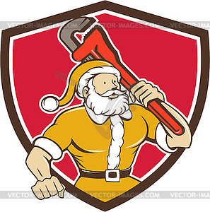 Santa Claus Plumber Monkey Wrench Shield Cartoon - vector EPS clipart