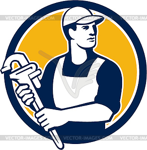 Plumber Wielding Monkey Wrench Circle Retro - vector clipart