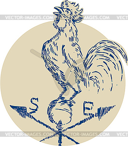 Rooster Cockerel Crowing Weather Vane Etching - vector clipart