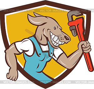 Dog Plumber Running Monkey Wrench Shield Cartoon - vector image