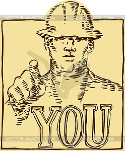 Construction Worker Pointing You Etching - vector clipart / vector image