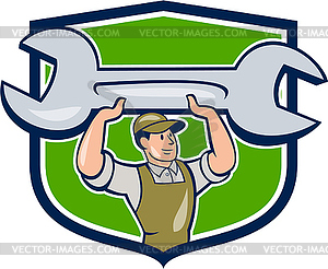 Mechanic Lifting Spanner Wrench Shield Cartoon - vector clip art