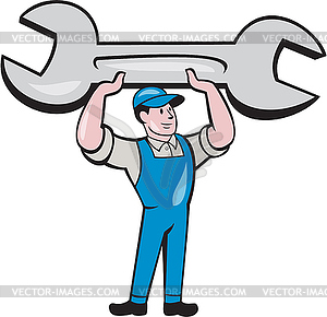 Mechanic Lifting Spanner Wrench Cartoon - vector image