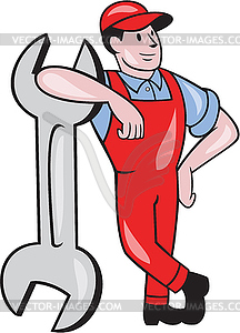 Mechanic Leaning On Spanner Wrench Cartoon - vector clip art